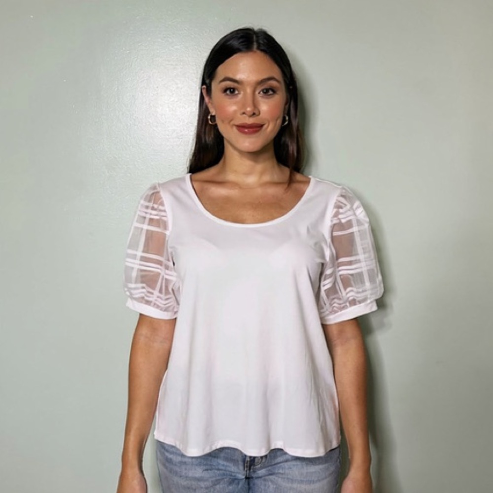 AUW White Sheer Puff Sleeve Summer Blouse Size L